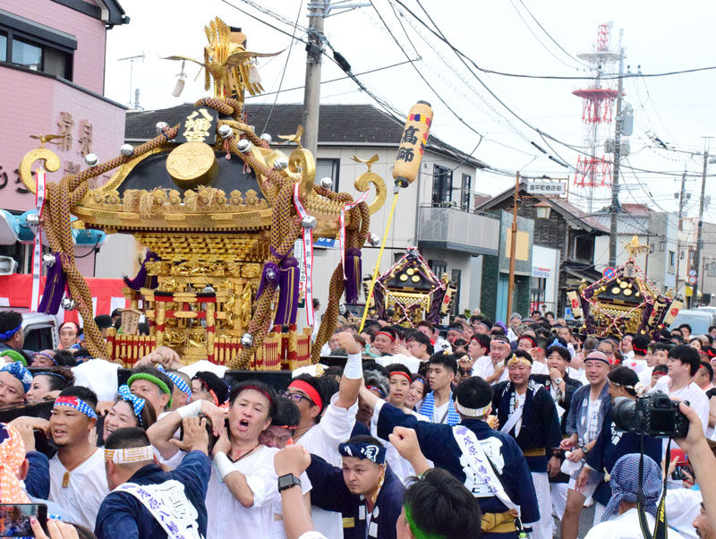 茂原、高師の両八幡神社の神輿を勇壮に担ぐ氏子ら＝１４日、茂原市
