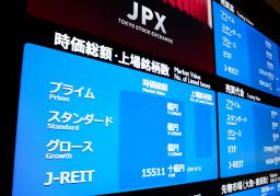 　東証１部最終日の取引を終え、市場再編後の表示確認が行われた東京証券取引所のモニター＝１日午後、東京・日本橋兜町