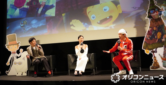 『映画　えんとつ町のプペル～約束の時計台～』のイベントに出席した（左から）西野亮廣、MEGUMI、カジサック （C）ORICON NewS inc.