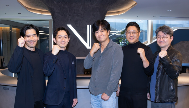 （左から）THE SEVENの赤羽智史チーフVFXオフィサー、瀬戸口克陽CEO、M83のチョン・ソンジンCEO、ユン・ラウルCSO、Mortarheaddのノ・グクテCEO