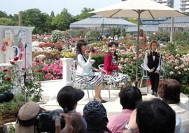 新たにオープンしたテラスで漫画「ベルサイユのばら」や新品種のバラについて話す池田さん（中央）と紫苑さん（右）＝２６日、八千代市の京成バラ園