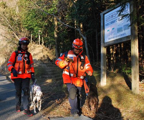 捜索を終え戻ってきた日本救助犬協会のメンバー。奥の階段が「山の神」コースの入口＝１５日午後４時ごろ、君津市豊英