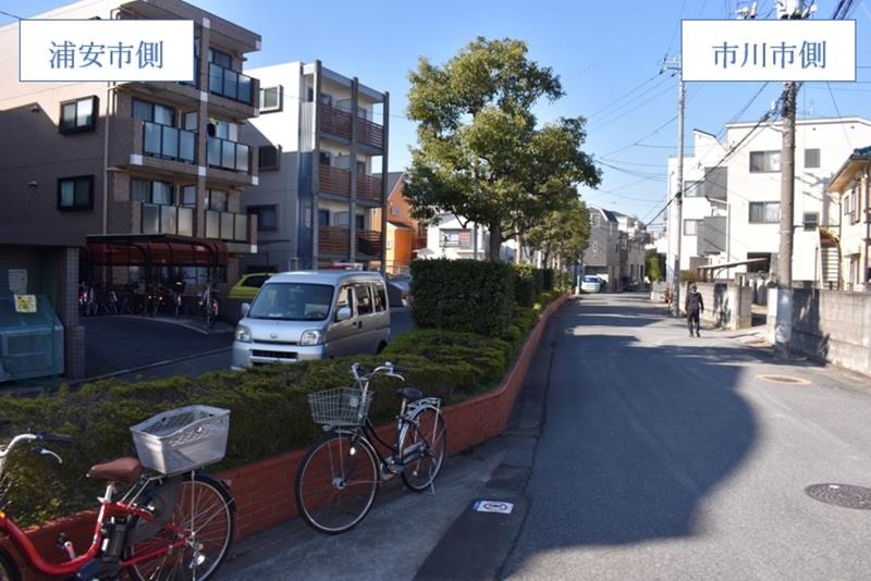 市川市側（右）と浦安市側（左）を分断している市境の花壇