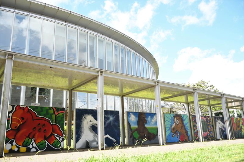 富里を象徴するスイカや馬の絵があしらわれた市立図書館の通路壁=富里市