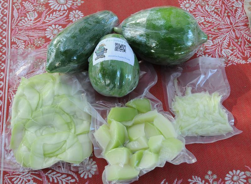 収穫した青パパイア（上の３個）と、カットし真空包装・急速冷凍処理した加工品