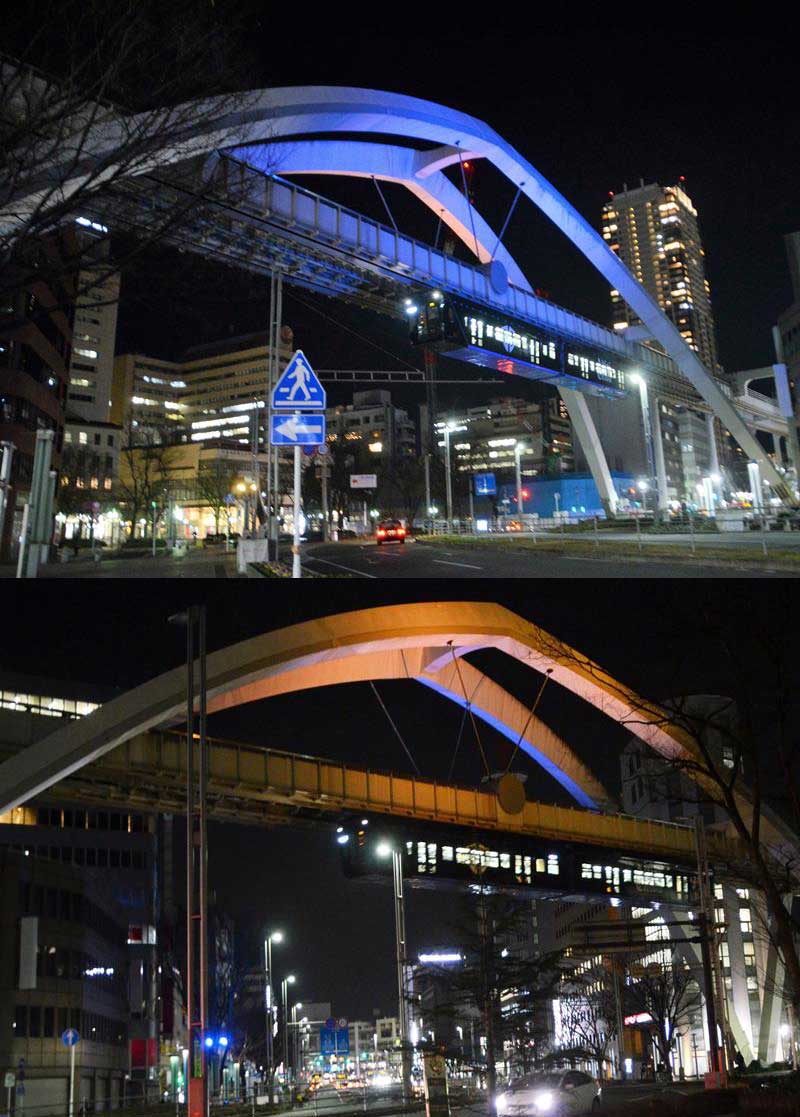 ウクライナ国旗色の青と黄色にライトアップされたセントラルアーチ＝千葉市中央区