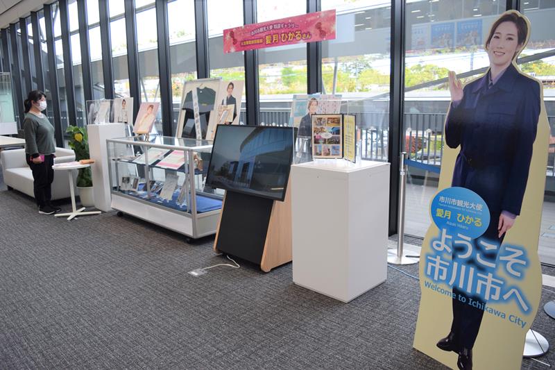 新たに愛月さんの等身大パネルなどが設置された市川市観光大使特設ギャラリー＝市川市役所