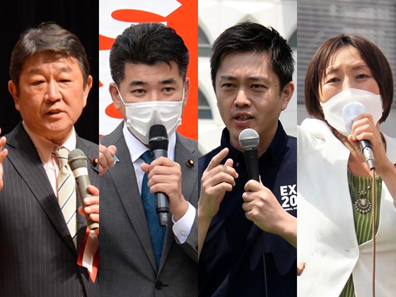 (左から)茂木敏充自民幹事長、泉健太立民代表、吉村洋文維新副代表、田村智子共産副委員長