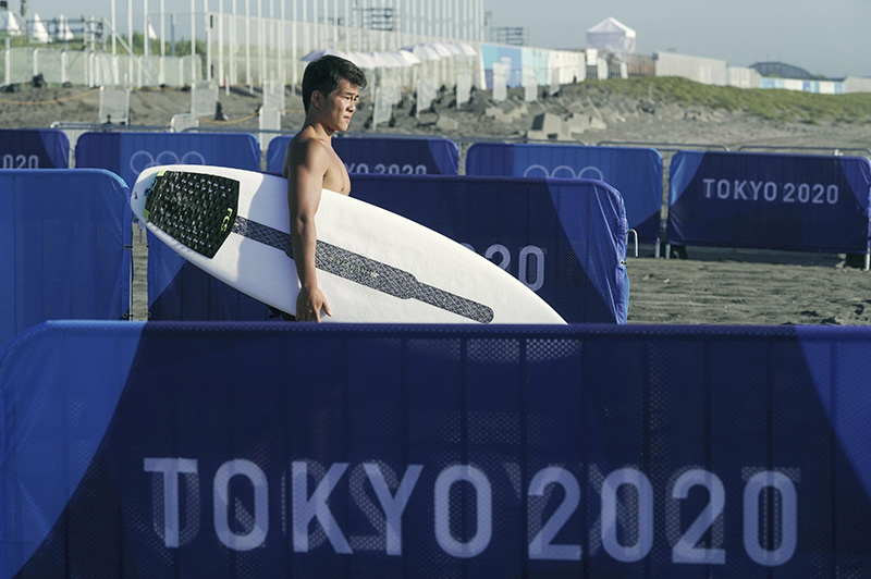 五輪で初めてサーフィン競技の会場となった一宮町の釣ヶ崎海岸=2021年7月20日