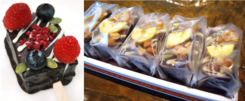 小学生チームが考案したぺろぺろケーキ(左)、中学生チームが考案したブラウニー