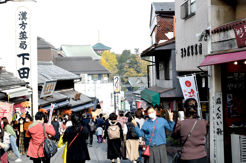 各国から多くの外国人観光客が訪れにぎわう成田山参道＝１２日午後、成田市