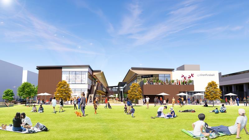 東側から見た屋外広場と店舗棟のイメージ（三井不動産提供）