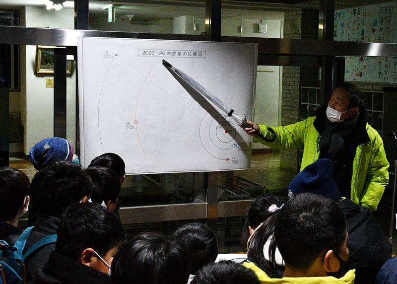 惑星の位置関係を児童に説明する小倉さん
