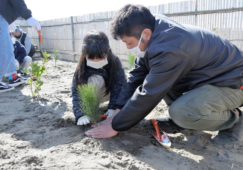 市有地にクロマツの苗木を植える親子＝旭市