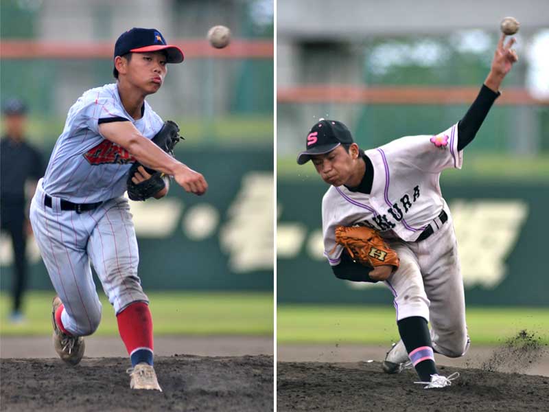 佐倉戦で先発し１失点で完投したあずさ第一の松本（左）と２失点で完投した佐倉の吉田＝成田大谷津
