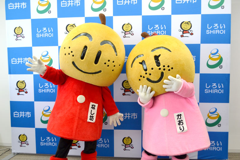 梨の広報活動などに貢献してきたなし坊（左）とかおりの着ぐるみ＝白井市役所