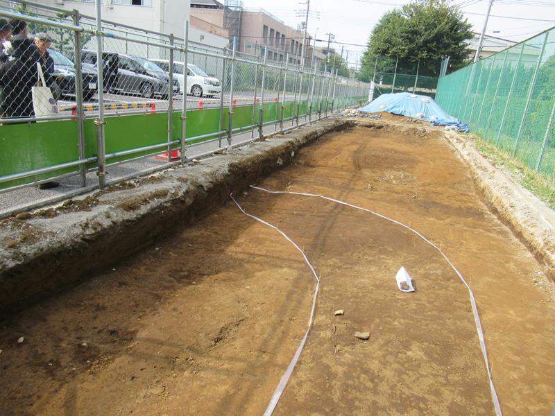 国衙の北西角の区画とみられる発掘場所。白いテープの間が溝の位置。数日前に見つかったばかり