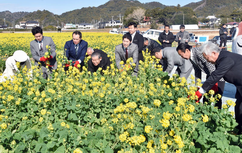 オープニングセレモニーで、テープカットならぬ「菜の花カット」を行う関係者ら=鴨川市