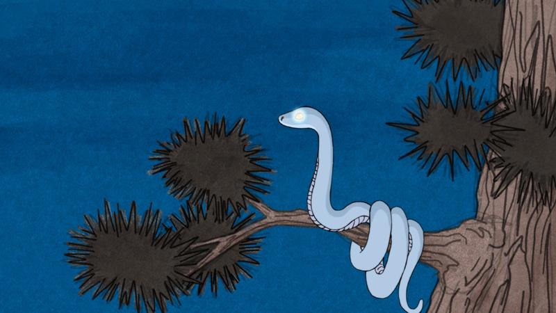 船橋を舞台にしたアニメ「雪どけ塚の白ヘビ」の一場面