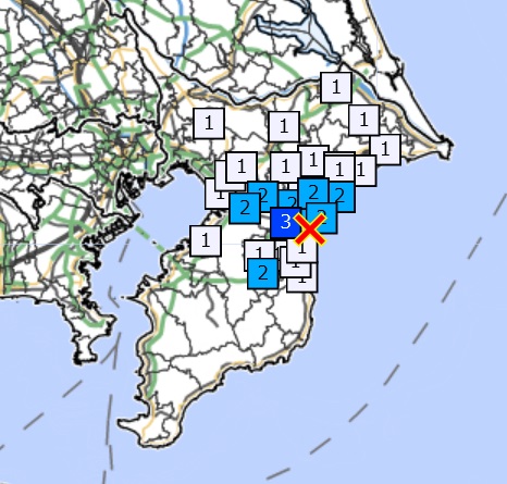６日午後５時９分ごろ発生した地震の震源と震度の分布（気象庁ホームページより）