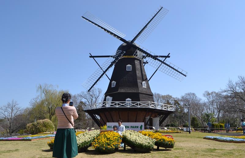 回り始めた風車の前で写真撮影を楽しむ家族＝３０日、船橋市