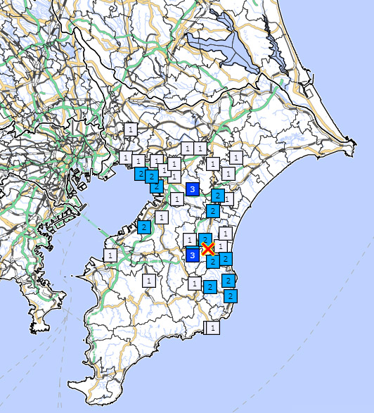 3日午後0時34分ごろに発生した地震の震度分布(気象庁ホームページより)