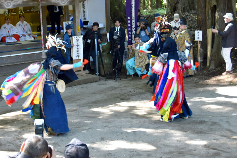 笛の音色に合わせて勇壮に演じられた県指定無形民俗文化財「鳥見神社の獅子舞」＝印西市平岡