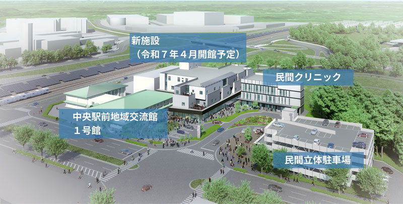 北総線千葉ニュータウン中央駅前の新施設エリア「コスモスパレット印西」の完成イメージ（印西市提供）