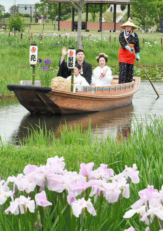 来園者から祝福の声をかけられ、手を振り返す新郎新婦＝２日、香取市の水郷佐原あやめパーク