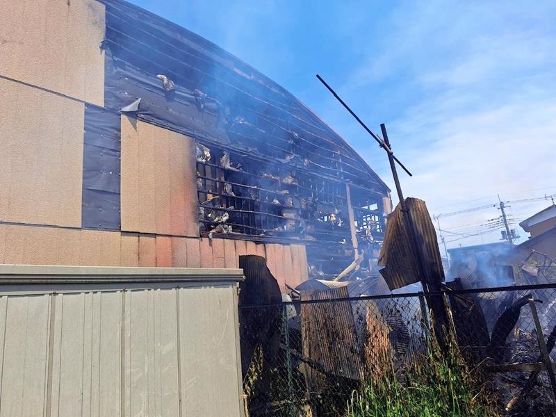 火が燃え移り、激しく焼けた湖北小の体育館=29日、我孫子市(読者提供)