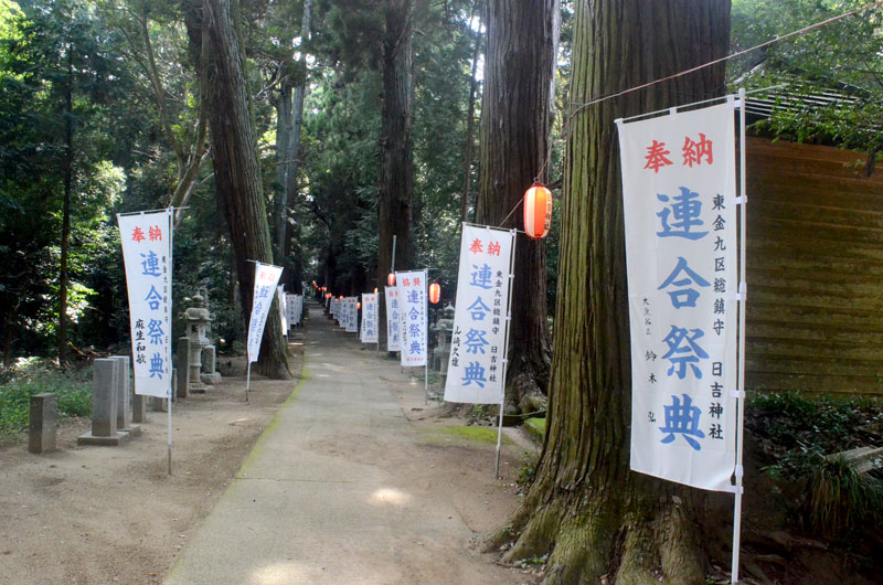 日吉神社の境内に飾られた旗やちょうちん