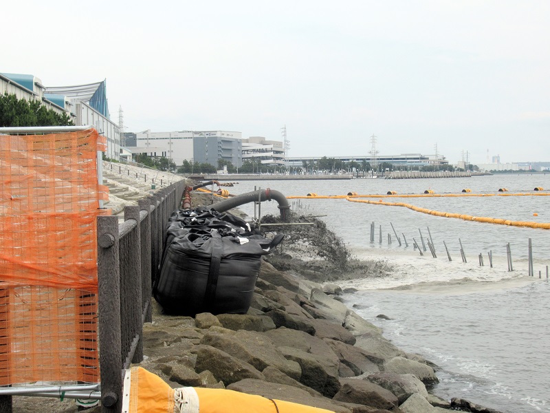 浚渫船による砂入れが始まった人工干潟造成予定の護岸付近＝９日、市川市