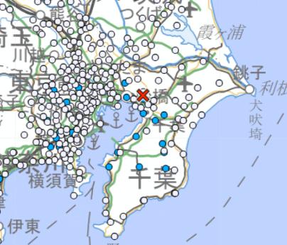 １３日午後３時１８分ごろ発生した地震の震度分布図（気象庁ホームページより）
