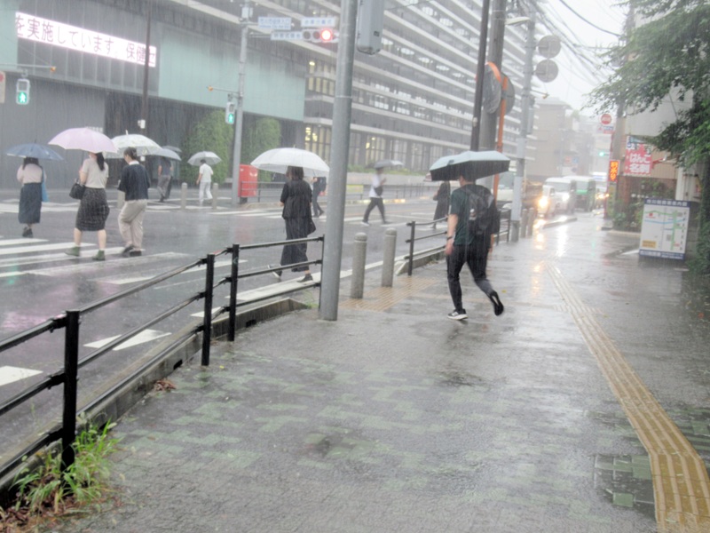 激しい雨が降り出し、足元に注意しながら急ぐ人たち=5日午後1時前、市川市