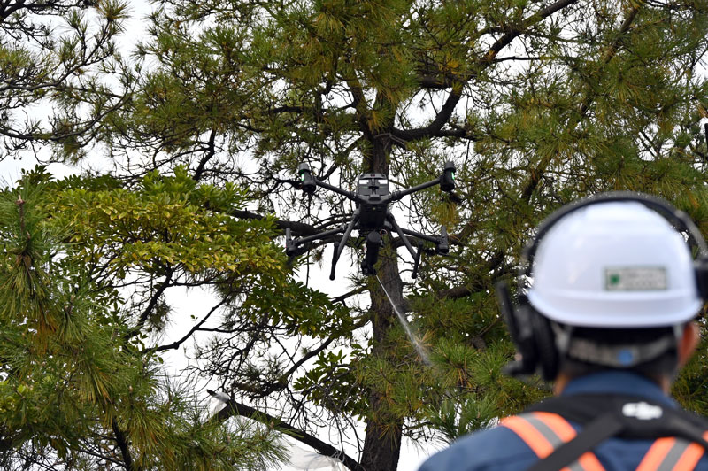 ドローンに取り付けられたスプレーで、忌避剤を樹木に散布した＝１８日、千葉市美浜区