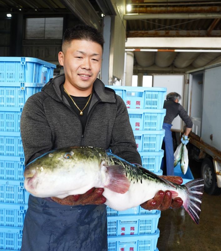 大原漁港に水揚げされたトラフグを手にする地元仲買人=5日、いすみ市