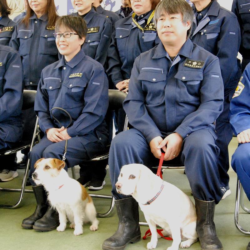 嘱託警察犬に任命されたメリアちゃんと訓練士の塩沢さん(左)、はなちゃんと朝重さん=20日、成田市三里塚光ケ丘の県警直轄警察犬訓練所
